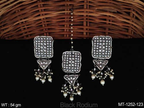Clustered Pearl Black Rodium Polish Fancy Design Party wear Maang Tikka with Earring