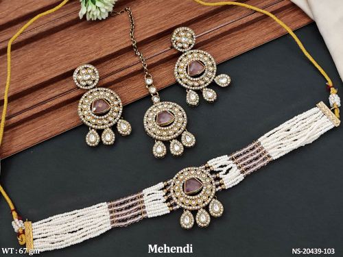 Antique Necklace Set in Mehendi Finish for Women in Pink, photo 3 of 6