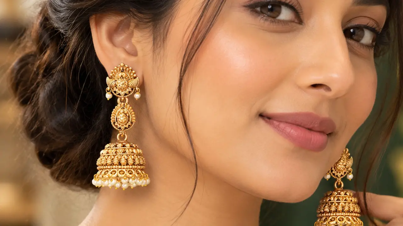 Close-up of a smiling woman with her hair in a loose braid wearing a gold-tone temple-style jhumka earring with small pearl drops