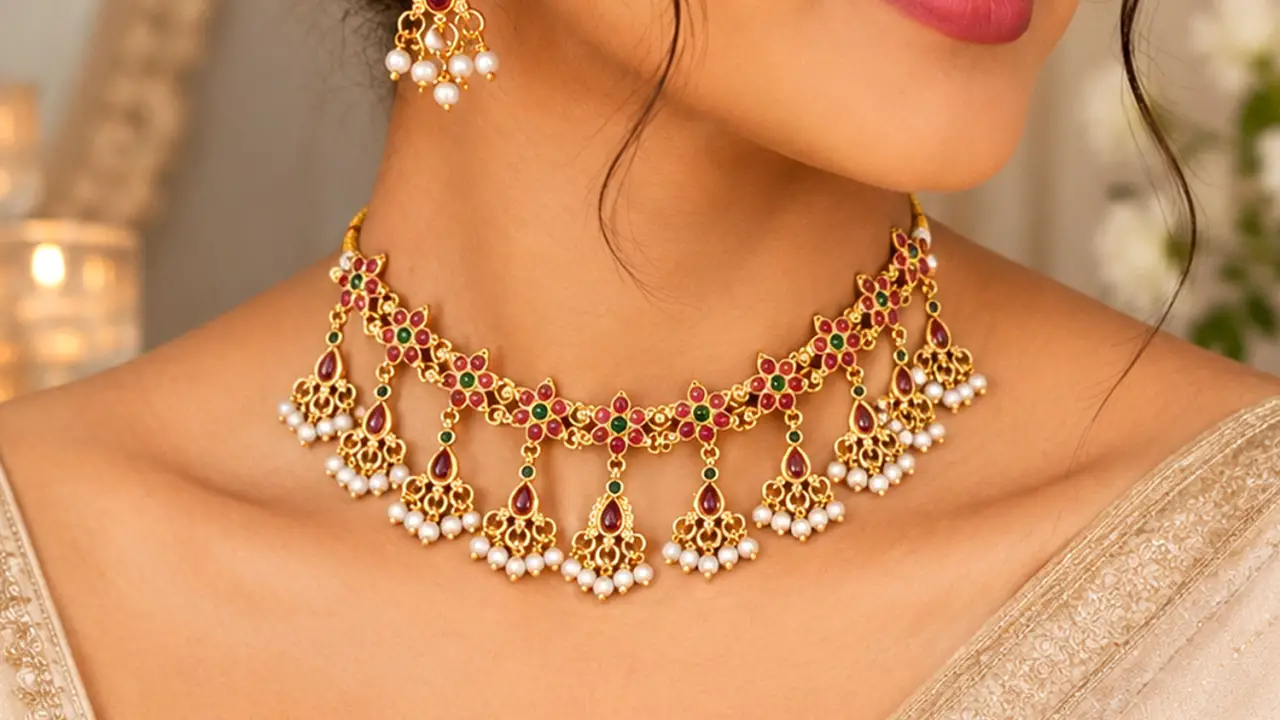 Close-up of a woman's neck and collarbone wearing a short gold-tone necklace with red and green stones and hanging pearl drops, with a matching earring above