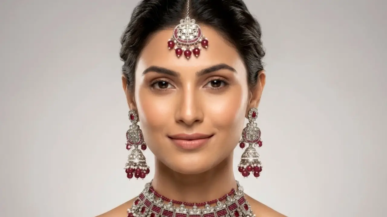 Woman wearing a white-toned stone choker with maroon beads, matching jhumka earrings and a maang tikka