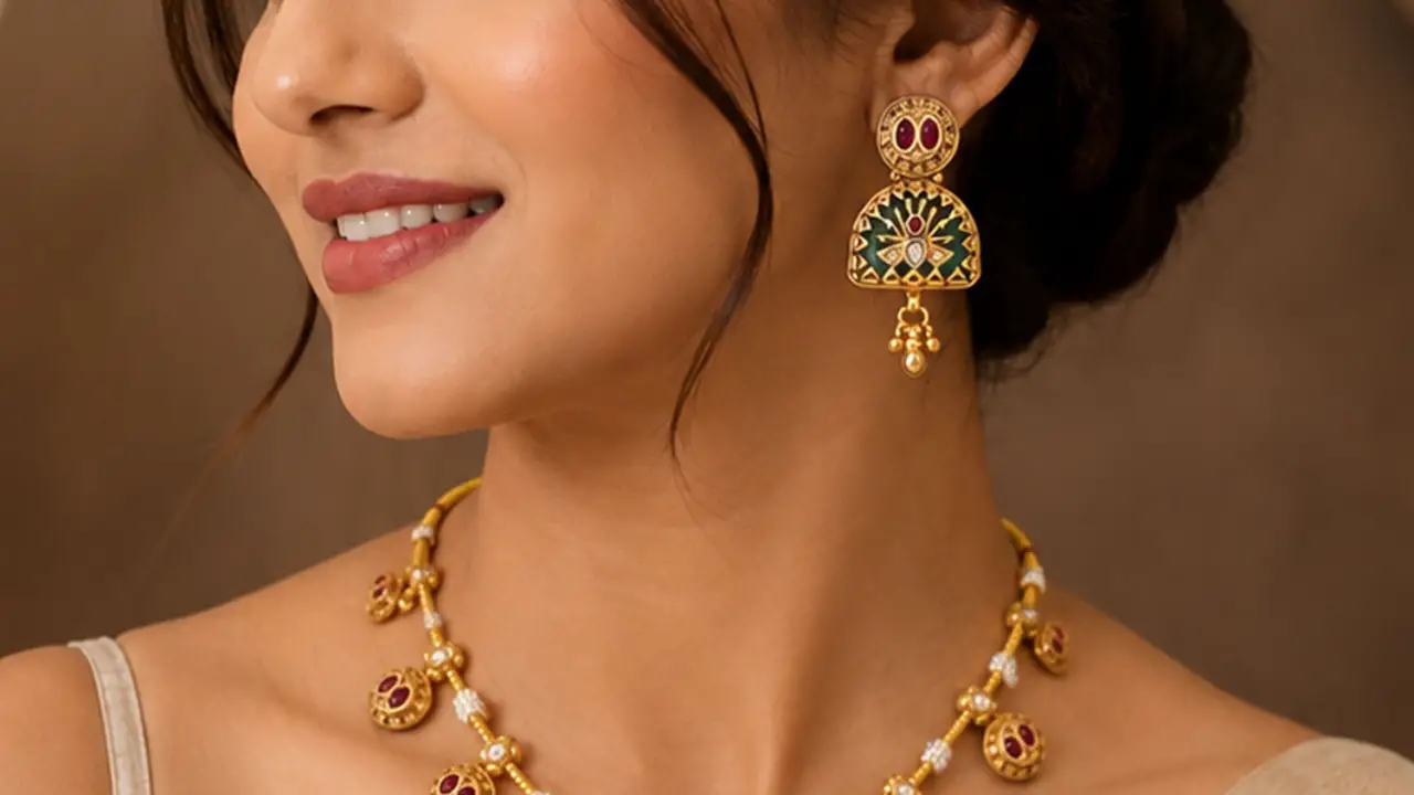 Woman in profile wearing gold-tone jhumka earrings with a green panel and a ruby-red stone necklace with pearl accents