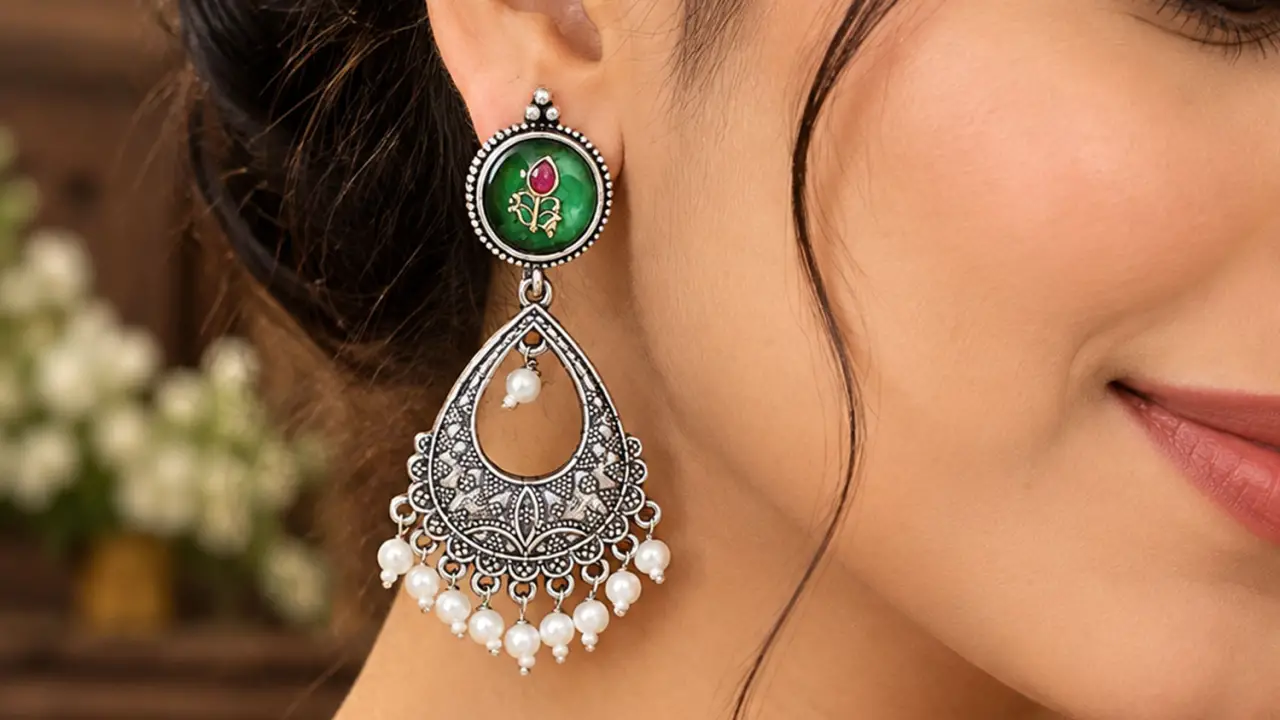 Close-up of a woman's ear wearing a dark oxidised-finish teardrop earring with a green centre stone and small hanging pearls