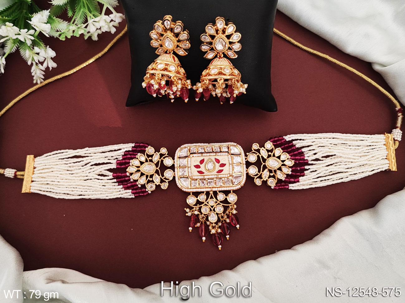 Kundan Stones High Gold Polish Fancy Style Ethnic Beaded Designer Party wear Kundan Jewellery Choker Style Necklace Set Imitation Jewellery Online Artificial Jewelry Shopping for Womens