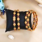 Matte High Gold-Plated Bangle with Ruby and Emerald Stones, Indian Ethnic Design (Set of 4)