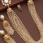 Gold-Plated White Pearl Beaded Long Necklace Set with Kundan Earrings