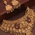 Traditional Lakshmi Ideal Pendant Design Gold-Plated with Red & Green Stone Necklace Set for Women