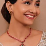 Traditional Indian Red Stone Necklace and Earrings Jewellery Set with Green Centre Stone