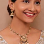 Temple Design Gold-Plated Necklace and Jhumka Earring Set with Pearl Drops