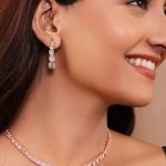 Elegant Single Line Beautiful Delicate Rose Gold Polish Brass AD Necklace Set for Women and Girls