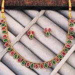 Traditional Gold-Plated Necklace Set with Ruby Red and Emerald Green Stones, Matching Earrings