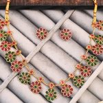 Traditional Gold-Plated Floral Necklace Set with Ruby and Emerald Stones, Flower Design Earrings