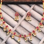 Traditional Gold-Plated Necklace Set with Ruby Red Stones, Pearl Drops, Green Beads and Matching Earrings