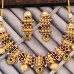 Traditional Indian Necklace Set with Earrings, Gold-Plated, Red and Green Stones, Kundan Style