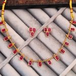 High Gold-Plated Necklace and Earrings Set with Red and Green Stones, Ethnic Indian Jewellery