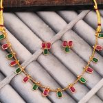 High Gold-Plated Necklace and Earrings Set with Red and Green Stones, Ethnic Indian Jewellery