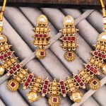 Traditional Gold-Plated Necklace and Earrings Set with Red Stones, Antique Design, Wedding Jewellery