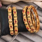 Antique Design Gold-Plated Bangles with Ruby and Emerald Stones, Set of 4