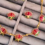 Traditional Gold-Plated Lotus Necklace and Earrings Set with Red Enamel Work, Indian Jewellery