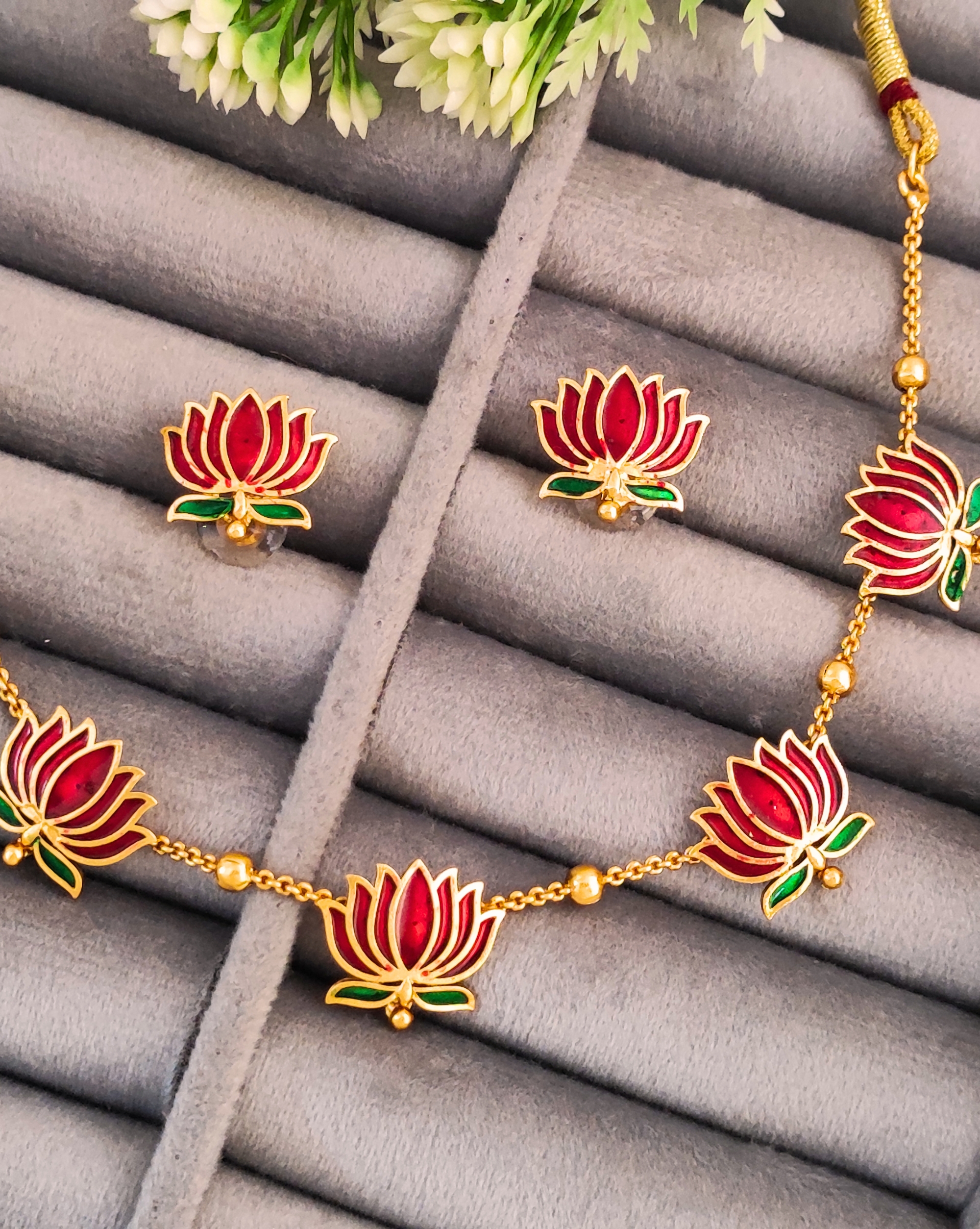OK162-1 (2000x2507) Traditional Gold-Plated Lotus Necklace and Earrings Set with Red Enamel Work, Indian Jewellery - Image 1