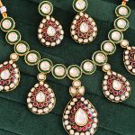 Traditional Indian Kundan Necklace Set with Earrings, Green Enamel and Ruby Red Stones, Gold-Plated