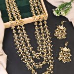 Traditional Kundan Pearl Necklace Set with Earrings, High Gold-Plated, Multi-Layered Design, Green and White Beads & Pearls