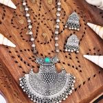 Oxidised Silver Tribal Pendant Necklace Set with Turquoise Enamel and Beaded Chain, Traditional Ethnic Design