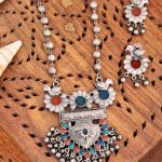Vintage Oxidised Silver Tribal Necklace Set with Bird Motif, Multicolour Enamel, Beaded Chain and Matching Earrings