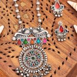Traditional Oxidised Silver Necklace Set, Multicolour Enamel Pendant, Beaded Chain, Matching Earrings