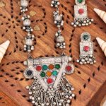 Vintage Tribal Silver Necklace Set with Multicolour Enamel, Beaded Chain and Matching Earrings, Traditional Design