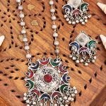 Oxidised Silver Tribal Necklace Set with Multicolour Enamel Work, Beaded Chain and Ghungroo Bells