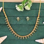 Traditional Gold-Plated Necklace Set with Green Stone Leaf Design, with Delicate Earrings
