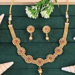 Traditional Gold-Plated Floral Necklace Set with Ruby Stones, Mesh Chain Design, Drop Earrings