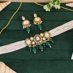 Traditional Kundan Choker Necklace and Earring Set with Green Emerald Drops, Pearl Beaded String, Gold-Plated