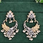 Antique Gold Plated Chandbali Earrings with Crystal Stones, Pearl Beads and Leaf Design, Traditional Indian Jewellery