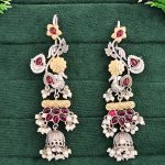 Beautiful Two-Tone Jhumka Earrings, Ruby Red Stones with Pearl Clusters
