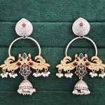 Jhumka Earrings with Pearl Drops, Two-Tone Silver and Gold Design, Ruby and Emerald Stones