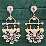Vintage Pearl Drop Earrings with Ruby and Emerald Stones, Peacock Design, Two-Toned Earrings