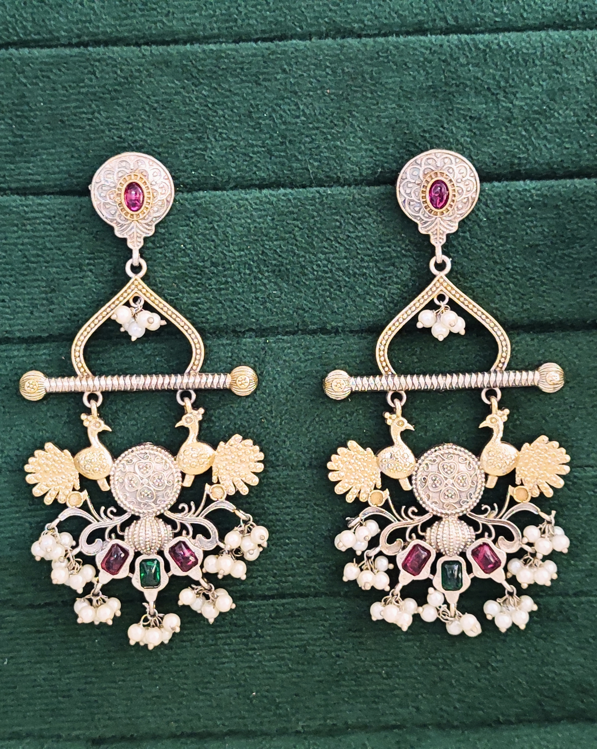 OK186-1(2000 x 2507 px) Vintage Pearl Drop Earrings with Ruby and Emerald Stones, Peacock Design, Two-Toned Earrings - Image 1