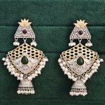 Two-Tone Jhumka Earrings with Pearl Drops, Green and Red Stones, Lotus Design