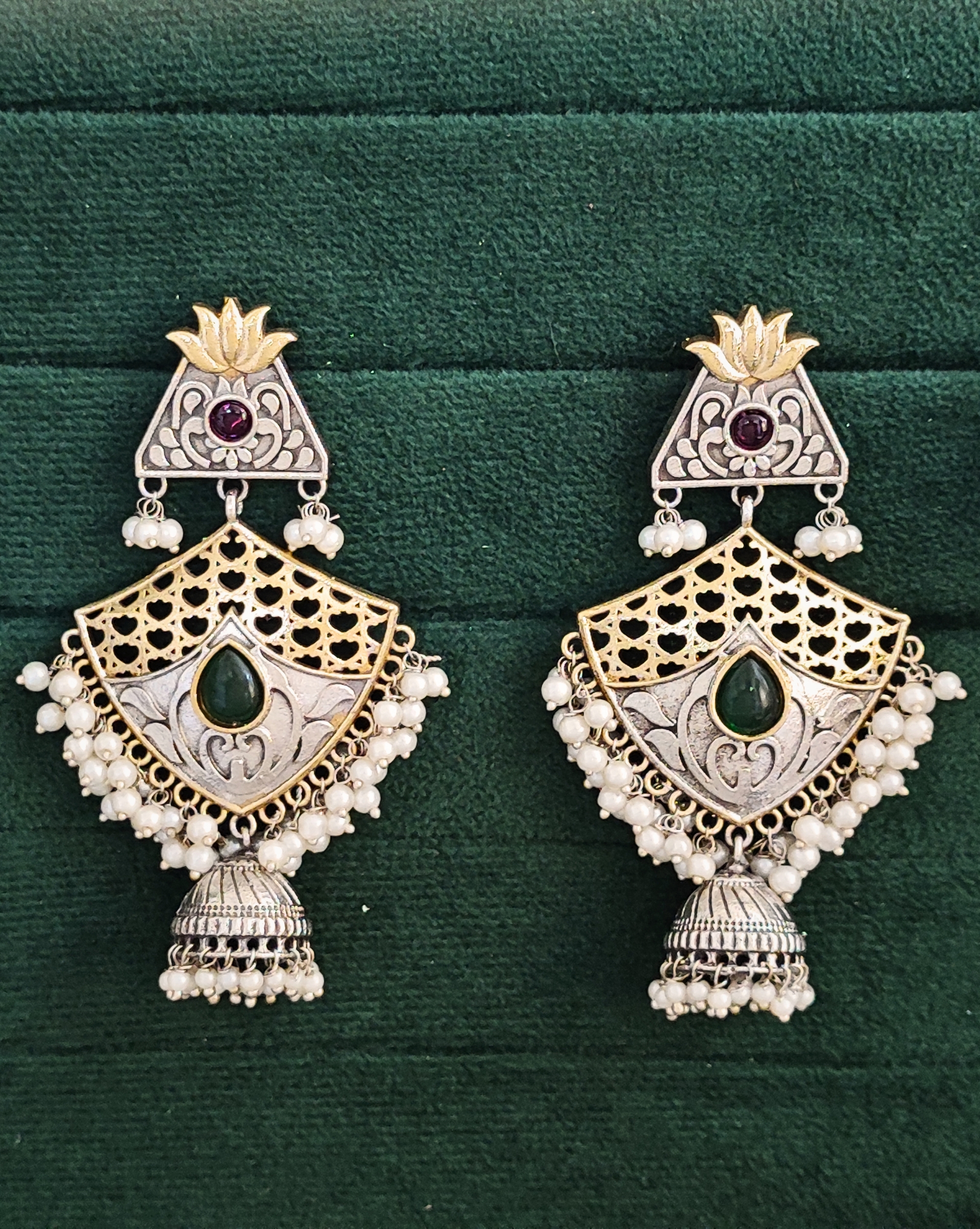 OK187-1(2000 x 2507 px) Two-Tone Jhumka Earrings with Pearl Drops, Green and Red Stones, Lotus Design - Image 1