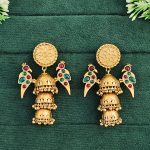 Gold-Plated Jhumka Earrings with Peacock Design, Ruby and Emerald Stones, Triple Layer
