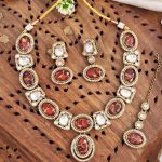 Kundan Necklace Set with Red Stones, Earrings & Maang Tikka Mehendi Polish – Red Design/Stone Color May Vary Slightly