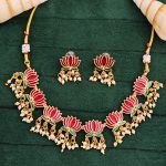 Lotus Design Enamel Necklace Set with Earrings – Delicate Jewelry – Pearl Dangling Detail