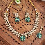 Kundan Necklace Set with Green Marble Stones, Earrings & Maang Tikka – Mehendi Polish Finish – Green Stone / design ,Color May Vary