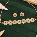 Antique Gold Plated Choker Necklace Set with Red Green Kundan Stones, Floral Design, Indian Jewelry for Weddings, Festive Wear, and Special Occasions