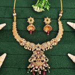 Gold Plated Elephant Motif Necklace Set with Red & Green Stones and Jhumka Earrings - Elegant Traditional Indian Jewelry.