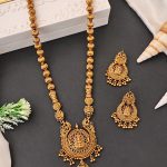 Antique Gold Plated Temple Jewelry Necklace Set with Lakshmi Pendant and Earrings for Bridal and Ethnic Wear