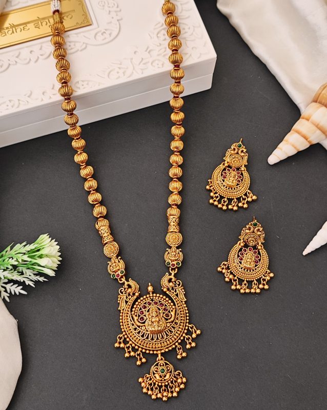 Antique Gold Plated Temple Jewelry Necklace Set with Lakshmi Pendant and Earrings for Bridal and Ethnic Wear