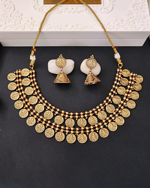 Gold Plated Lakshmi Coin Necklace Set with Jhumka Earrings for Women – Traditional Temple Jewelry for Festivals and Weddings